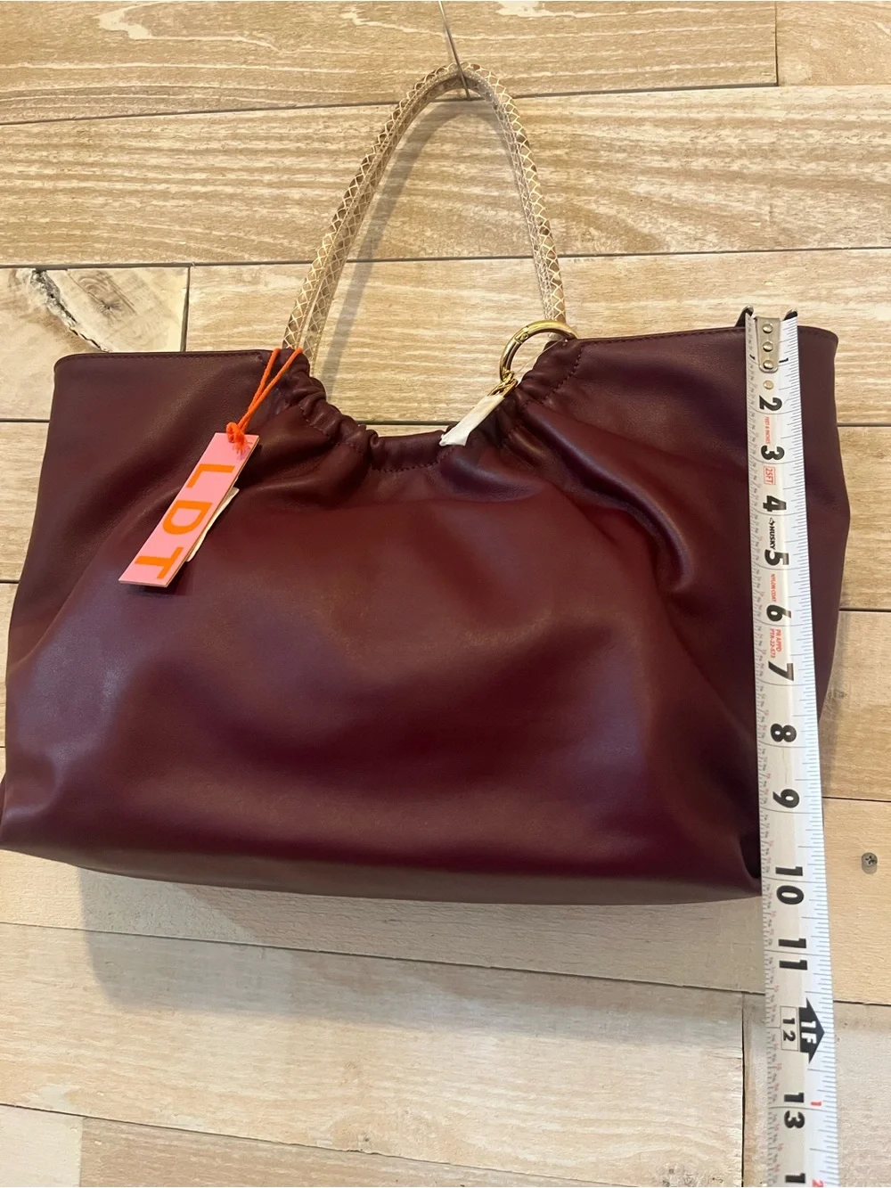 LDT Burgundy Hobo Tote with Braided Snakeskin Cream Handles NWT